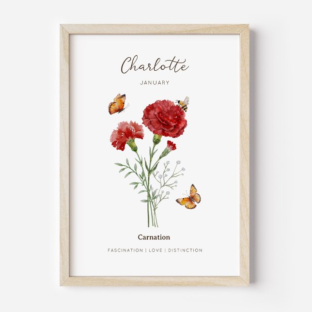 Knejktikett för födelsemånad poster (Example of carnation birth flower poster once framed. )