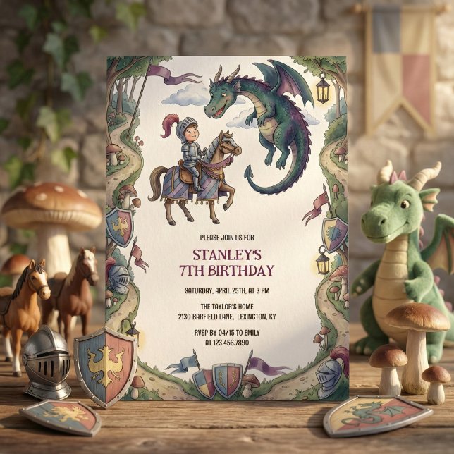 Knight and Dragon Medieval Fairytale Birthday Inbjudningar (Knight and Dragon Fairytale Birthday Party Invitation)