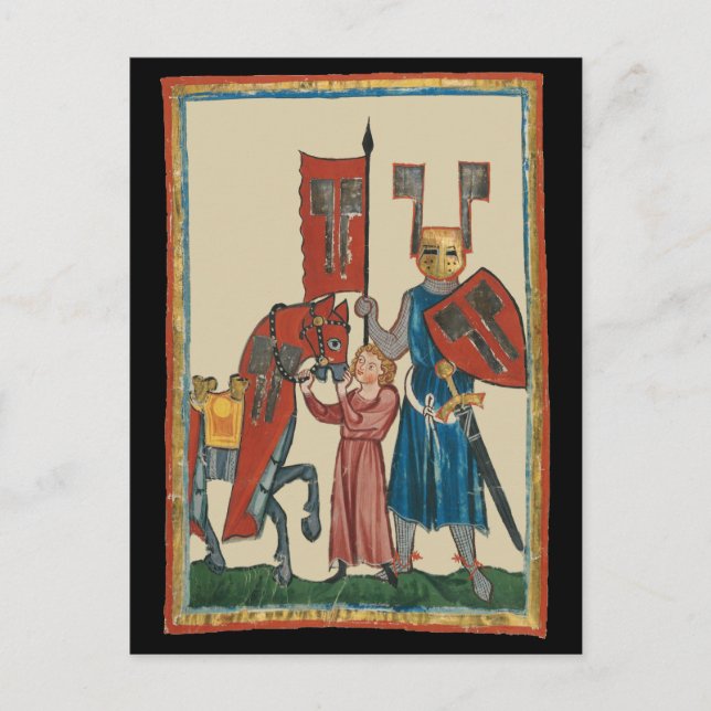 Knight and Squire, 14:e århundradets medeltida kon Vykort (Framsida)