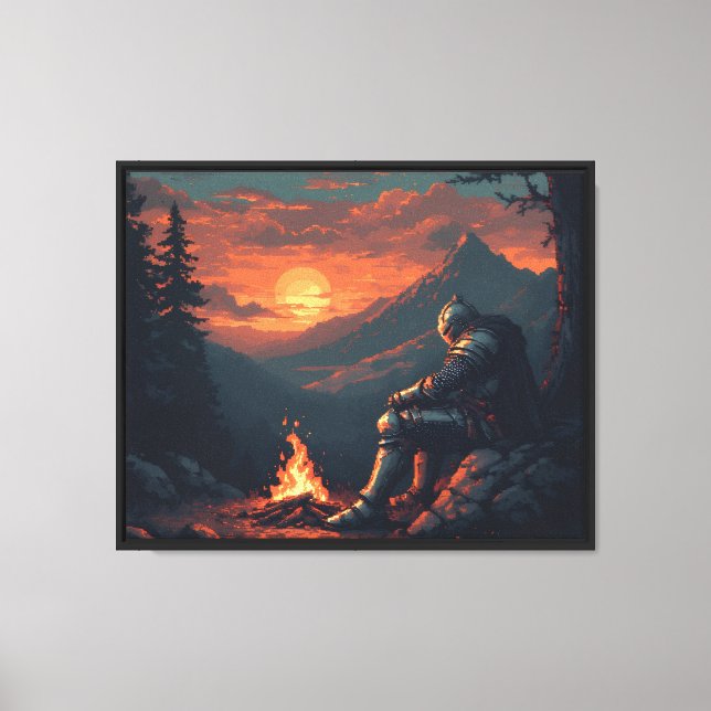 Knight at Sunset - Campfire Reflection Fantasy Art Canvastryck (Framsida)