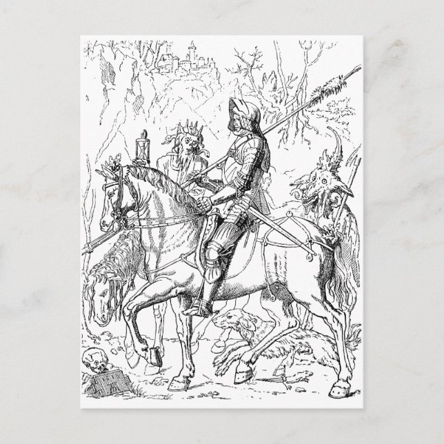 Knight Death & Djävulen vintage woodcut vycard Vykort (Framsida)
