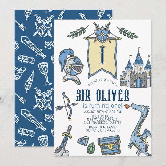 Knight Dragon Castle Medieval Boy 1st Birthday Inbjudningar (Fram/baksida)