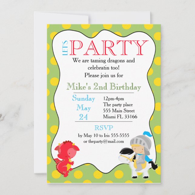 Knight Dragon-inbjudan Barns födelsedag Party Inbjudningar (Framsida)