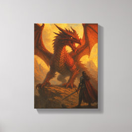 Knight Facing Red Dragon on Fiery Mountain Cliff Canvastryck