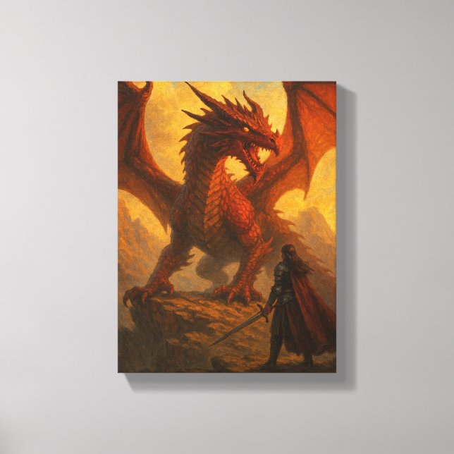 Knight Facing Red Dragon on Fiery Mountain Cliff Canvastryck (Framsida)