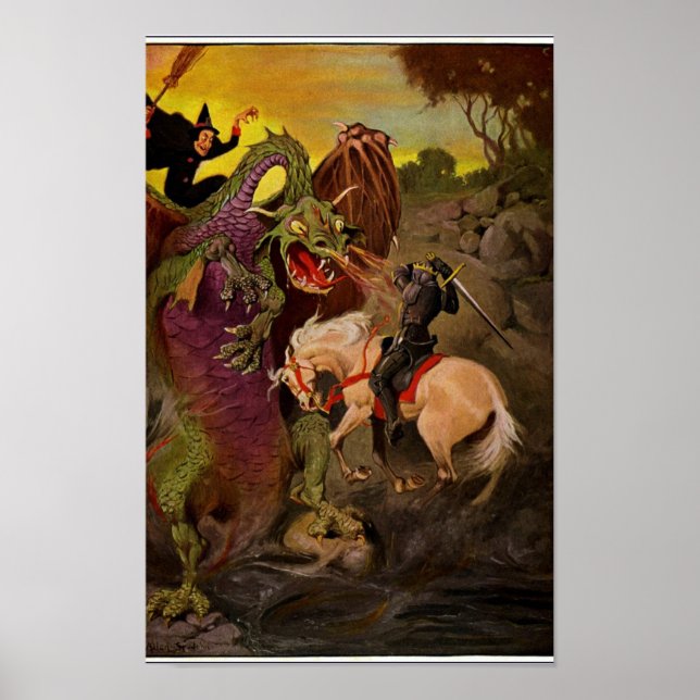 Knight Fighting Dragon av J. Allen St. John Poster (Framsidan)