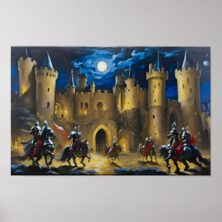 Knight Guarding A Castle på natten Poster