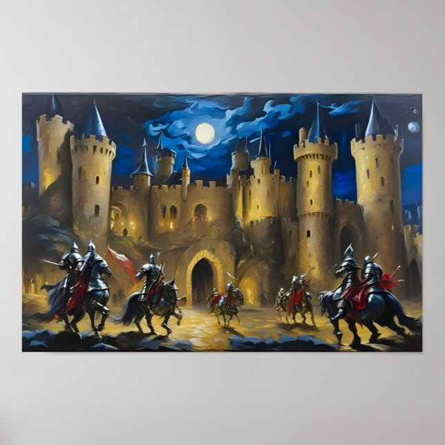 Knight Guarding A Castle på natten Poster (Framsidan)
