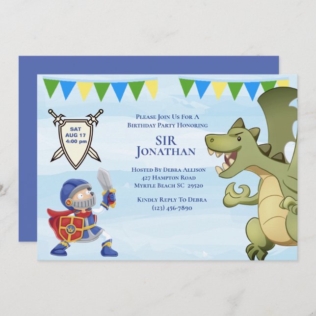 Knight in Armor Dragon Födelsedagsfest inbjudan (Fram/baksida)