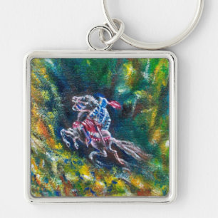 KNIGHT LANCELOT,HORSE RIDING IN GRÖNT SKOGE FYRKANTIG SILVERFÄRGAD NYCKELRING