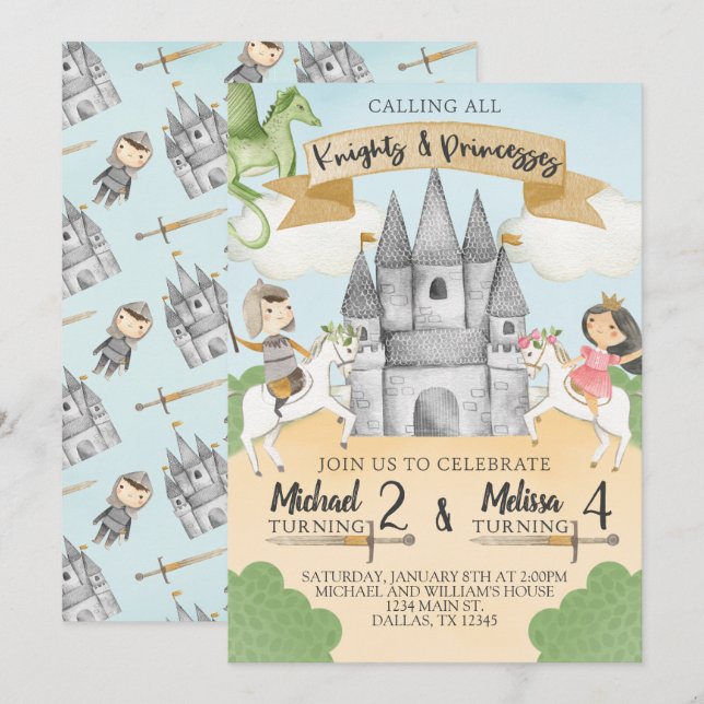 Knight och Princess Birthday bjudande Syskon Inbjudningar (Fram/baksida)