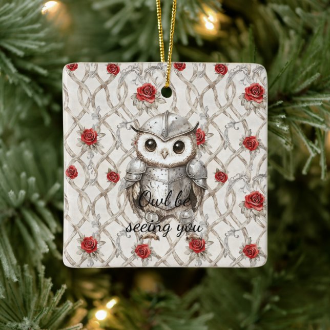 Knight Owl in Shining Armor Red Roses Seeing You Julgransprydnad Keramik (Träd)