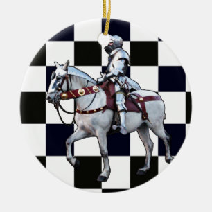 Knight på vit häst med schackbrädet julgransprydnad keramik