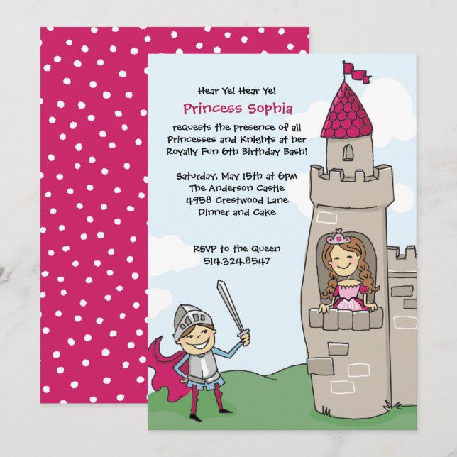 Knight Saves Prinsessans inbjudningar: Brunettes Inbjudningar (Fram/baksida)