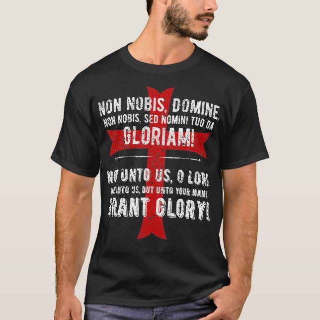 Knight Templar Distress Kor Non Nobis Gloriam T Shirt (Framsida)