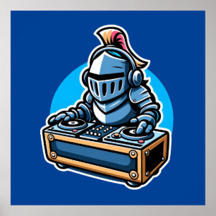 Knight Turntablist - Medieval DJ Tecknad Design Poster