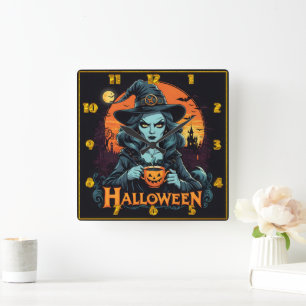 Knike njuter av pumpdrycken på Halloween-natten Fyrkantig Klocka