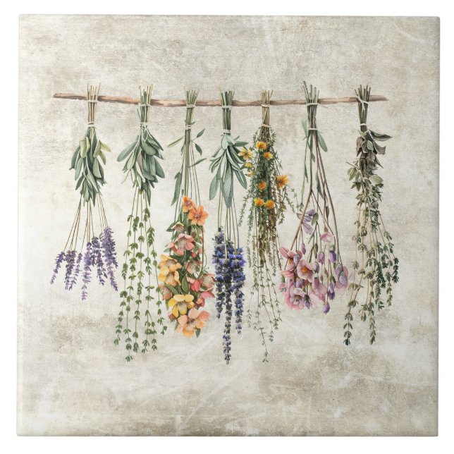 Knippen torkade rustika blommor och örter kakelplatta (Framsidan)