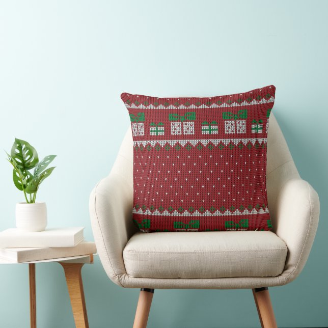 Knitted Christmas Pillow with Gifts & Snowflakes Kudde (Stol)