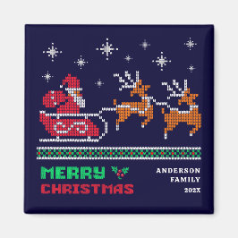 Knitten Santa Sleigh på marinblå God jul Magnet