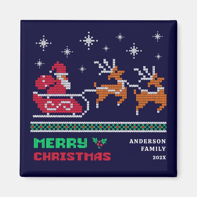 Knitten Santa Sleigh på marinblå God jul Magnet (Framsidan)