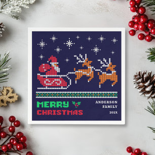 Knitten Santa Sleigh på marinblå God jul Pappersservett