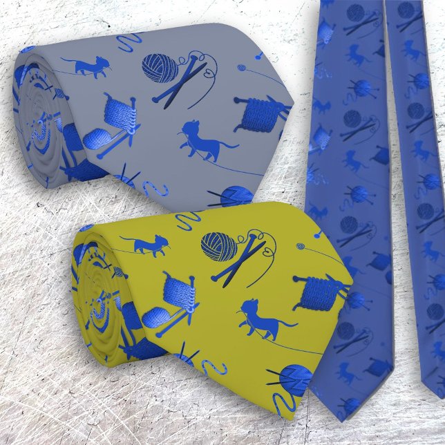 Knitters Tie Yarn Nål Cats Blue Mönster Slips (Skapare uppladdad)