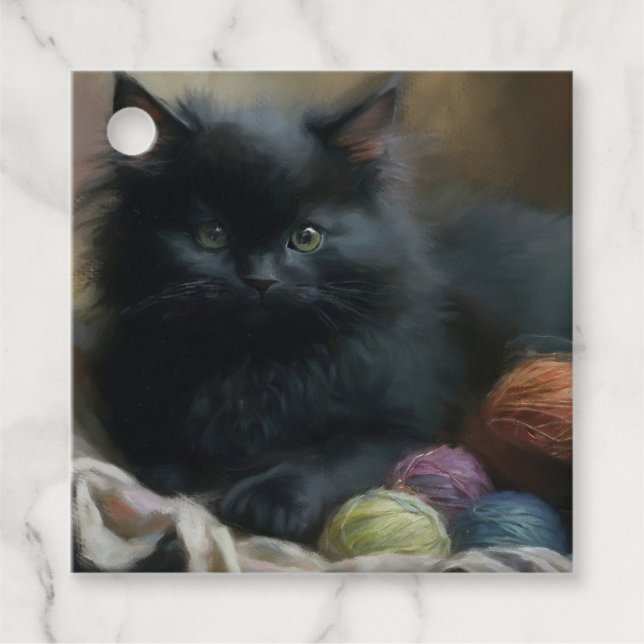 Knitting Assion Black Kitten med garn Gåvor Etiketter (Framsida)