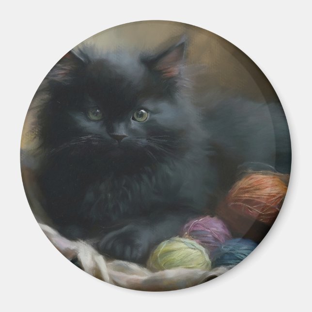 Knitting Assion Black Kitten med garn Magnet (Framsidan)
