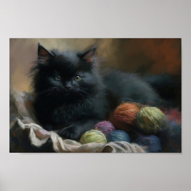 Knitting Assion Black Kitten med garn Poster (Framsidan)
