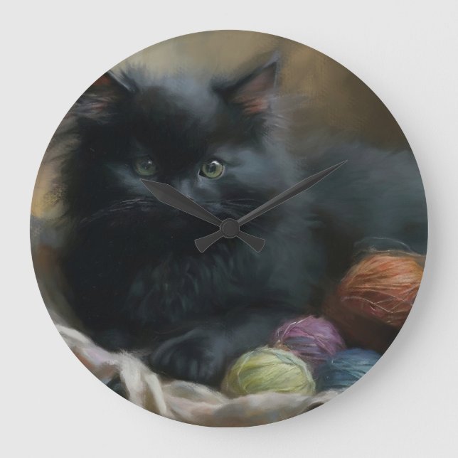 Knitting Assion Black Kitten med garn Stor Klocka (Framsida)