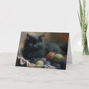 Knitting Assion Black Kitten med garn Tack Kort