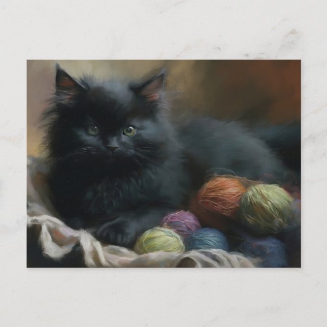 Knitting Assion Black Kitten med garn Vykort (Framsida)