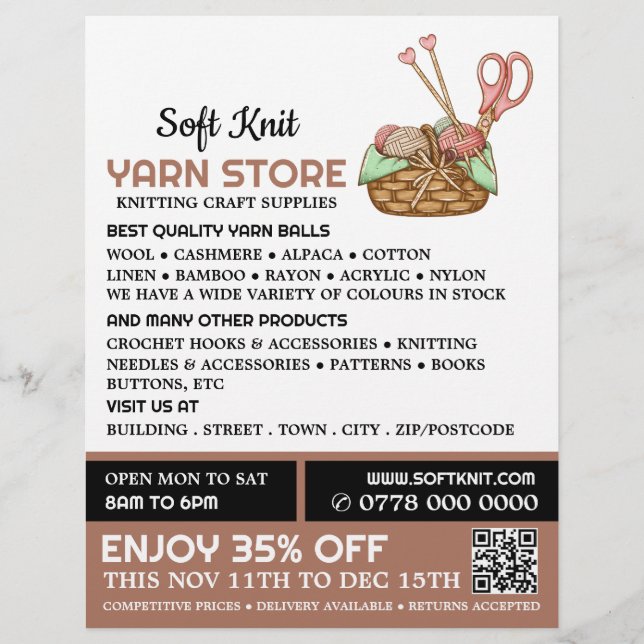 Knitting Basket, nitting Store, garneringshus Reklamblad (Framsidan)