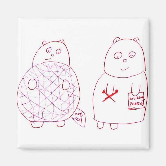 Knitting Bear och Unge med Boll av ull Magnet (Framsidan)