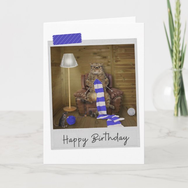 Knitting Cat Funny Birthday Card Kort (Framsida)