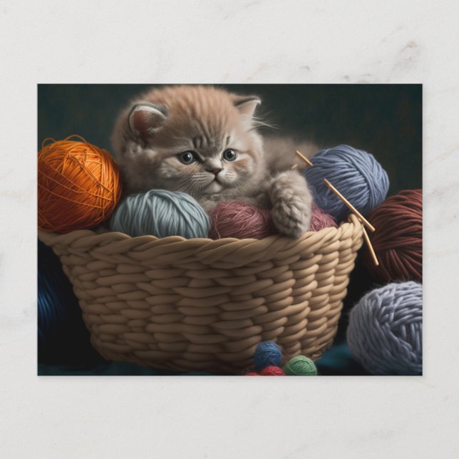 Knitting cat postcard vykort (Framsida)