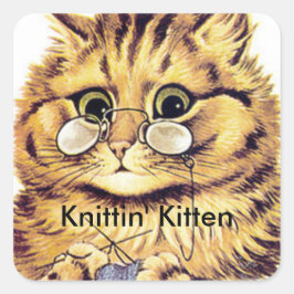 Knitting Cat Stickers med titeln KNITTIN'KITTEN Fyrkantigt Klistermärke
