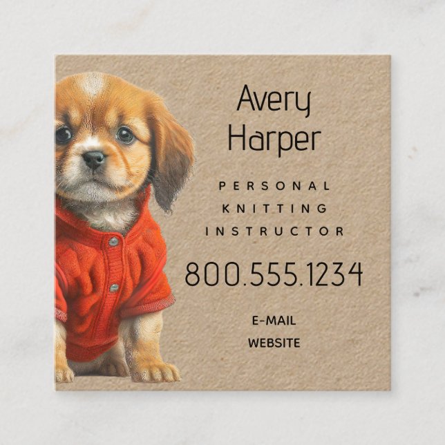 Knitting Instructor Puppy in Sweater Business Card Fyrkantigt Visitkort (Framsida)