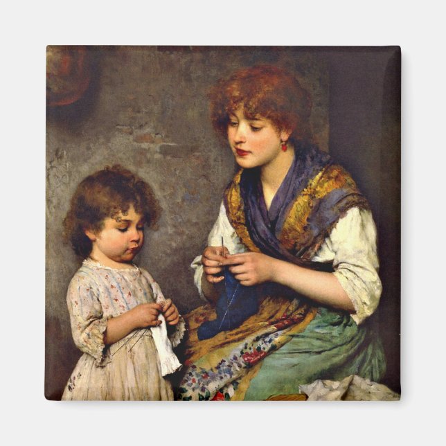 Knitting Lesson, Eugene de Blaas-konstnär Magnet (Framsidan)
