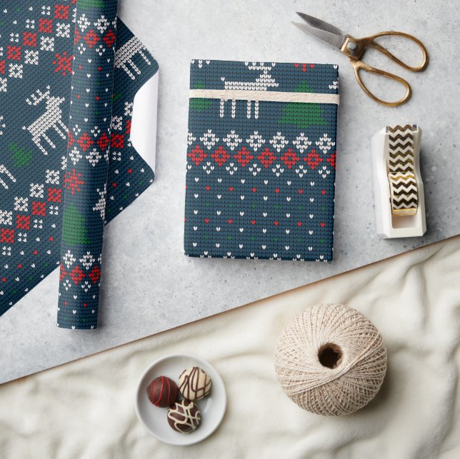 Knitting Mönster jul Gräs Träd Hjort Rustic Presentpapper (Hantverk)