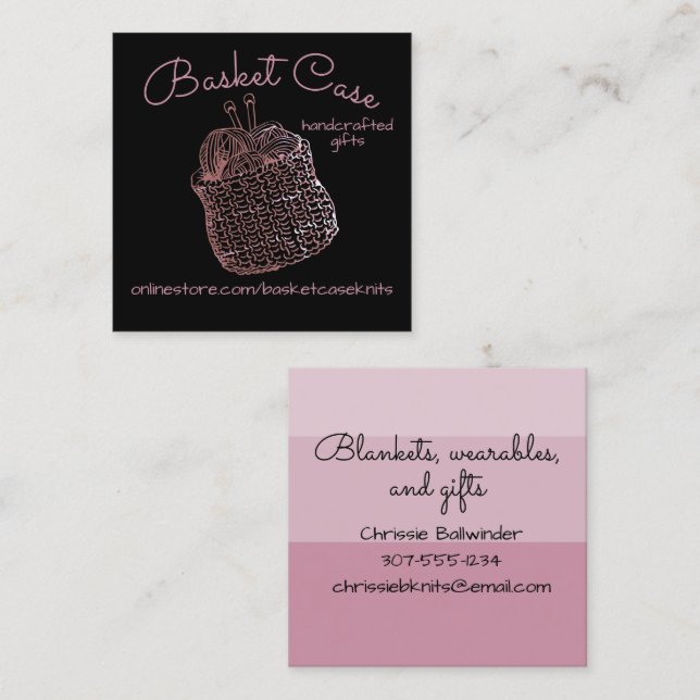 Knitting needles yarn basket knitter crafts fyrkantigt visitkort (Fram/baksida)