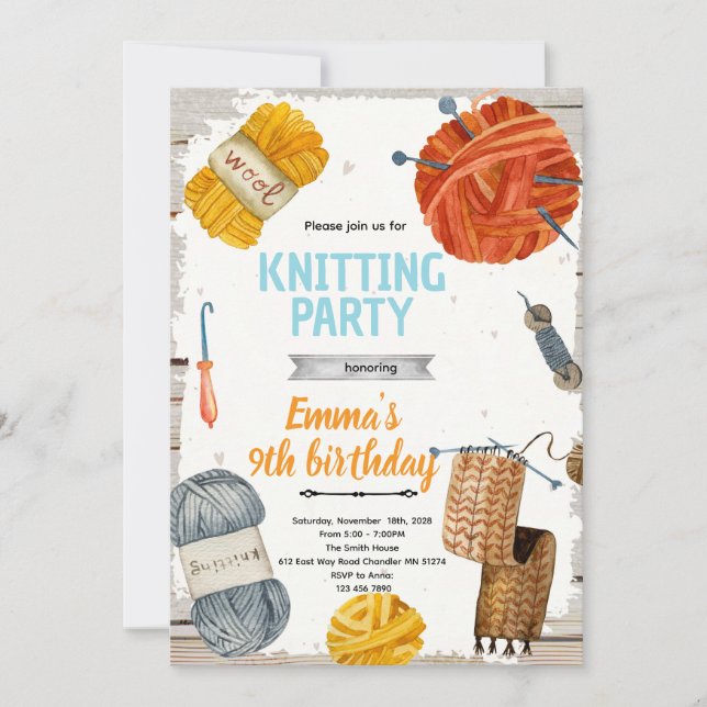 Knitting party invitation inbjudningar (Framsida)