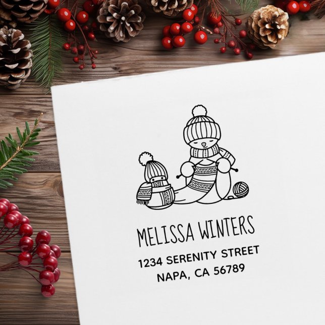 Knitting Snowman in Knitted Hat and Scarf Address Stämpel (Skapare uppladdad)