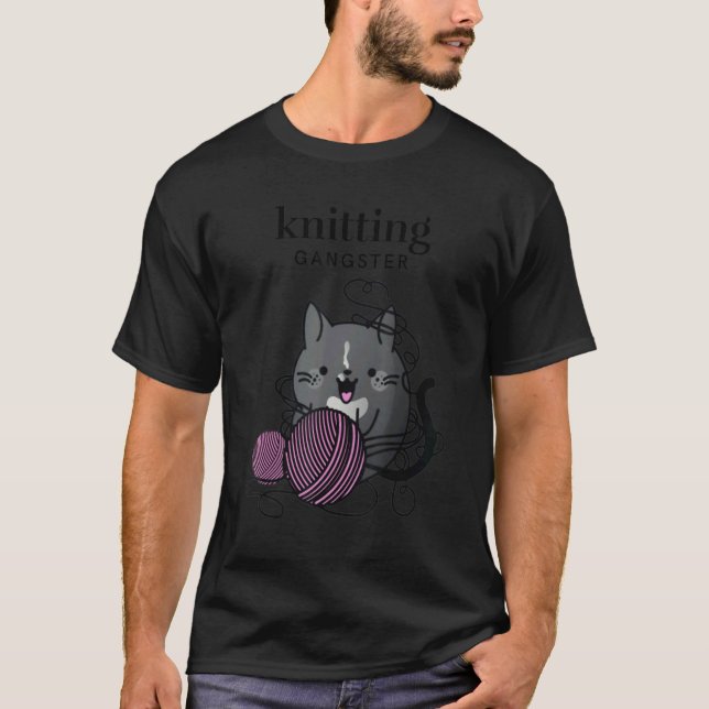 Knitting Tuxedo Cat Knitting Gangster Knitting T Shirt (Framsida)