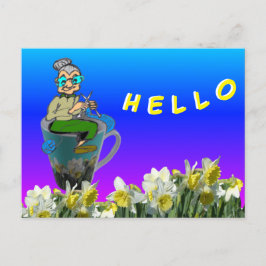 Knitting Woman på Daffodils Mugg HEJ Postcard Vykort