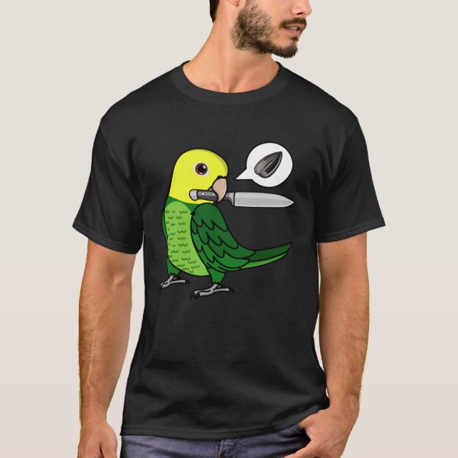 Knivar Parrot Wants Seeds I Dubbla Gult med rubrik T Shirt (Framsida)