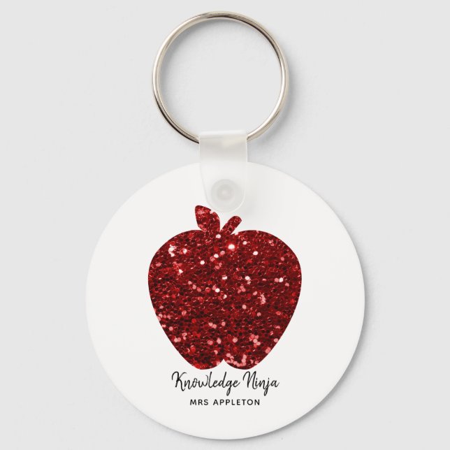 Knowledge Ninja Faux Glitter Red Apple Teacher Nyckelring (Framsida)