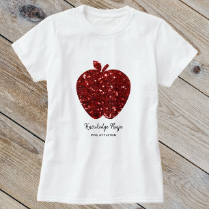 Knowledge Ninja Faux Glitter Red Apple Teacher T Shirt