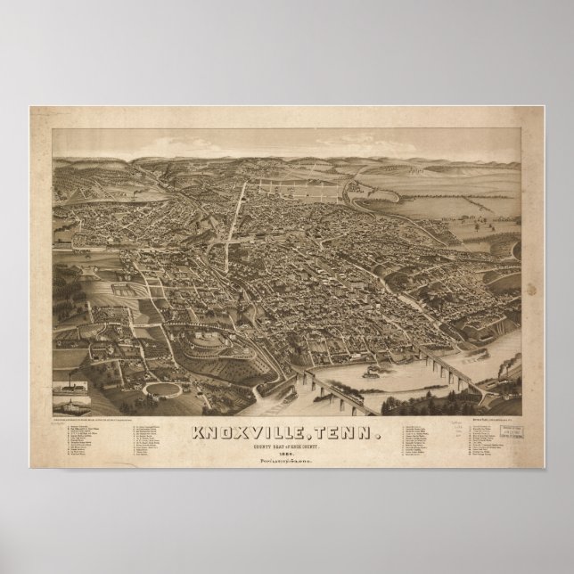 Knoxville Tennessee 1886 Antique Panoramic Karta Poster (Framsidan)